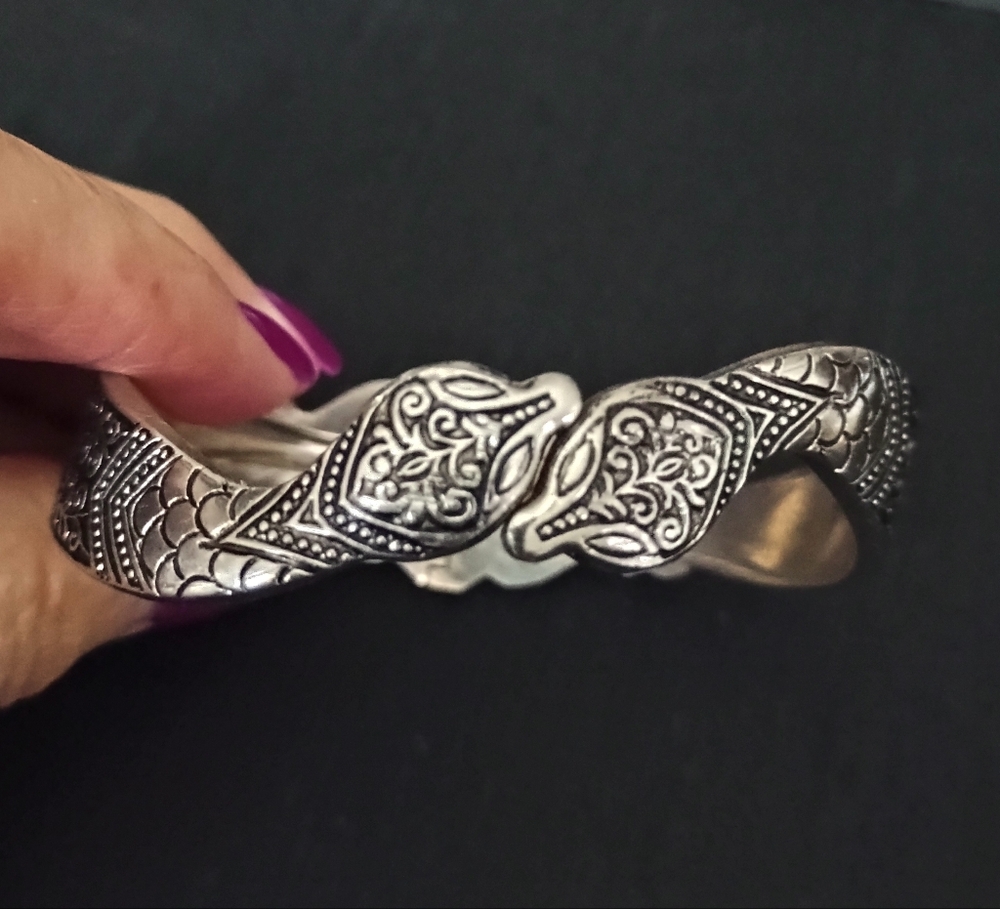 Ornate Silver-Tone Double Snake Cuff Bracelet
